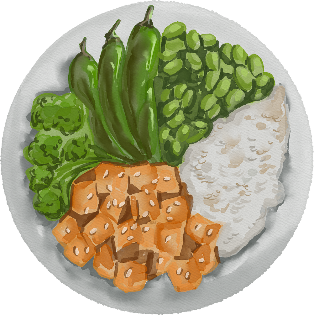 Watercolor food illustration of vegan meal with veggies, tofu, rice, broccoli